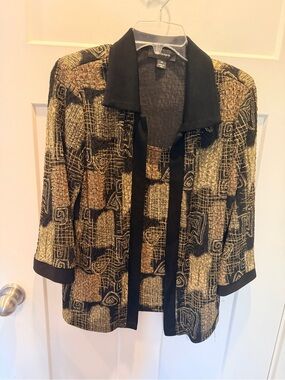 R&M Richards Size 14 Black Gold Metallic Abstract Open Front Jacket